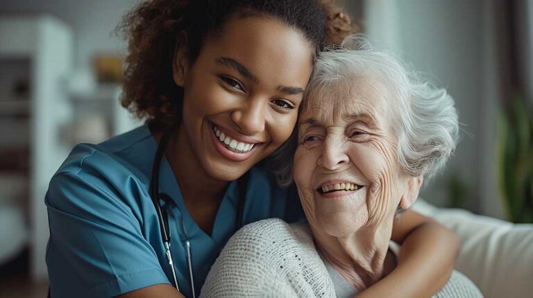 Older adults sharing a balanced meal at a bright assisted living dining table.